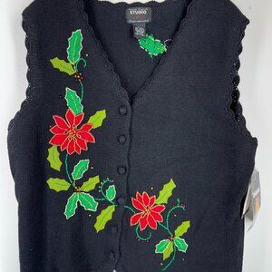 Designers Originals Studio Joy  Christmas Poinsettia Sweater Vest Tag Size L NWT
